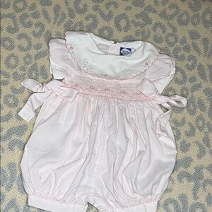 Pink Baby Romper with Smoking and Embroidered Collar